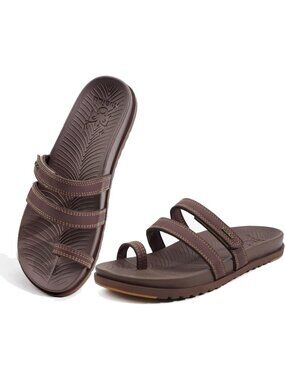 Women's Brown Faux Leather Lightweight Comfort Adjustable Fashion Flat Sandals